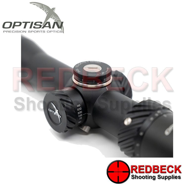 Optisan CP 4-16x40 F1 FFP Non Illuminated F1 MRAD Close View Showing a Close Up View Of The Turret And The Parallax Turret.