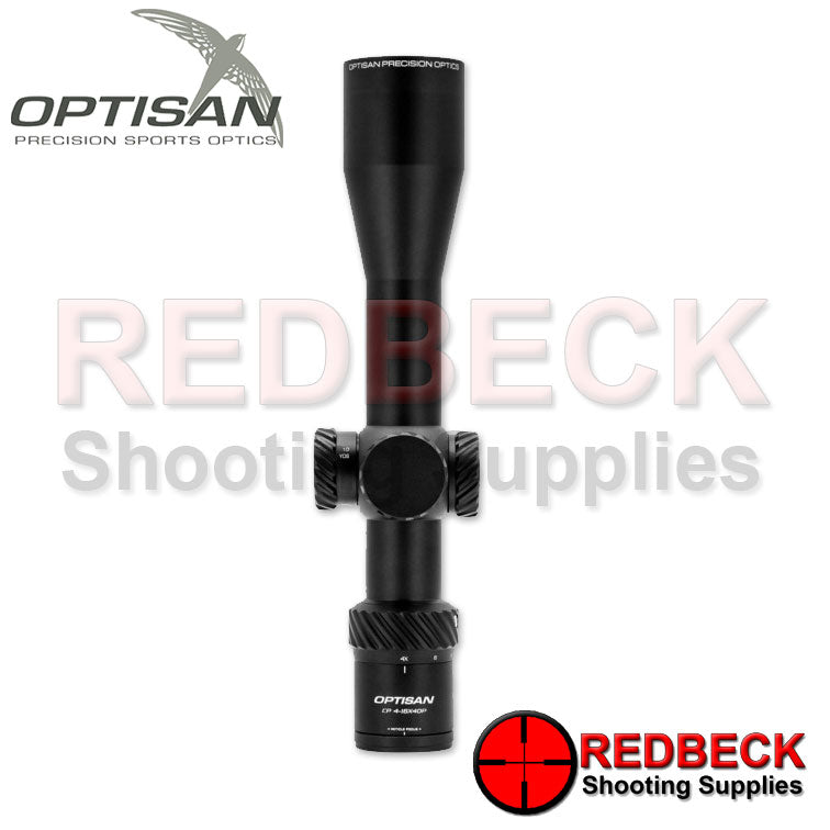 Optisan CP 4-16x40 F1 FFP Non Illuminated MRAD MH10 Top View Showing The Optisan Writing Located On The Rear Of The Scope