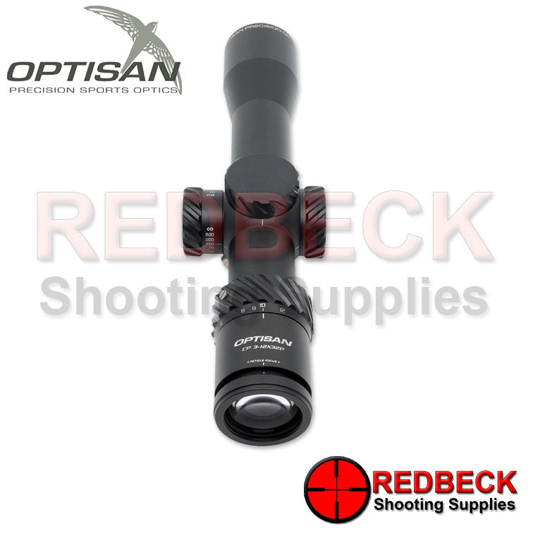 Optisan CP Compact 3-12x32 SFP MH10 MRAD Non Illuminated Close Rear View Showing The Parallax Turret.