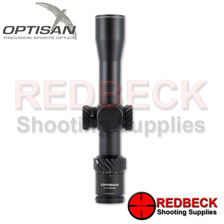 Optisan CP Compact 3-12x32 SFP MH10 MRAD Non Illuminated Top view Showing The Turrets.