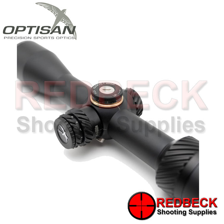 Optisan ES 3-12x44 SFP Illuminated MHP10i 0 Close up Showing The Exposed Turret And The Side Turret For The Illuminated Reticle.