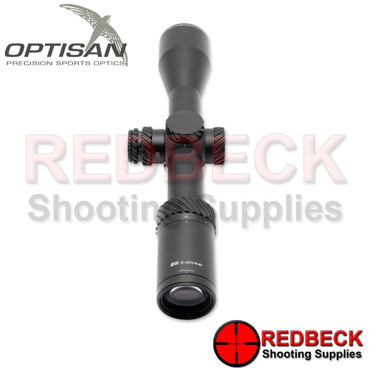 Optisan ES 3-12x44 SFP Illuminated MHP10i 0 Top View Showing The Eye Focus Wheel And The Aggressive Design Of The Turret Caps