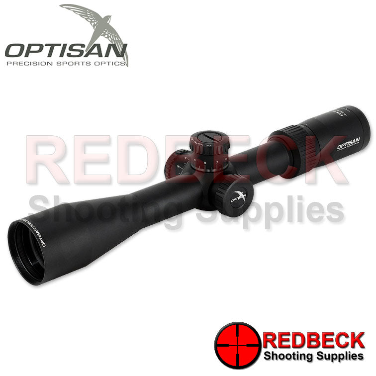 Optisan EVX G2 4-16x44 F1 FFP Non Illuminated MRAD Front View Showing The 44mm Objective Lens.