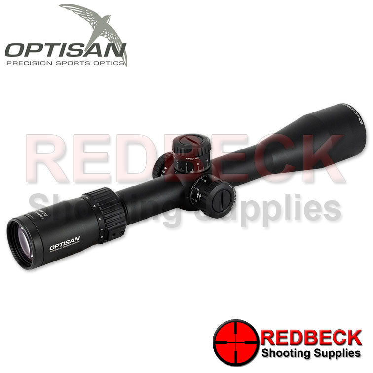 Optisan EVX G2 4-16x44-F1 FFP Non Illuminated MRAD Rear View Showing The Rear Glass And The Optisan Writing Located Down The Side Of The Scope