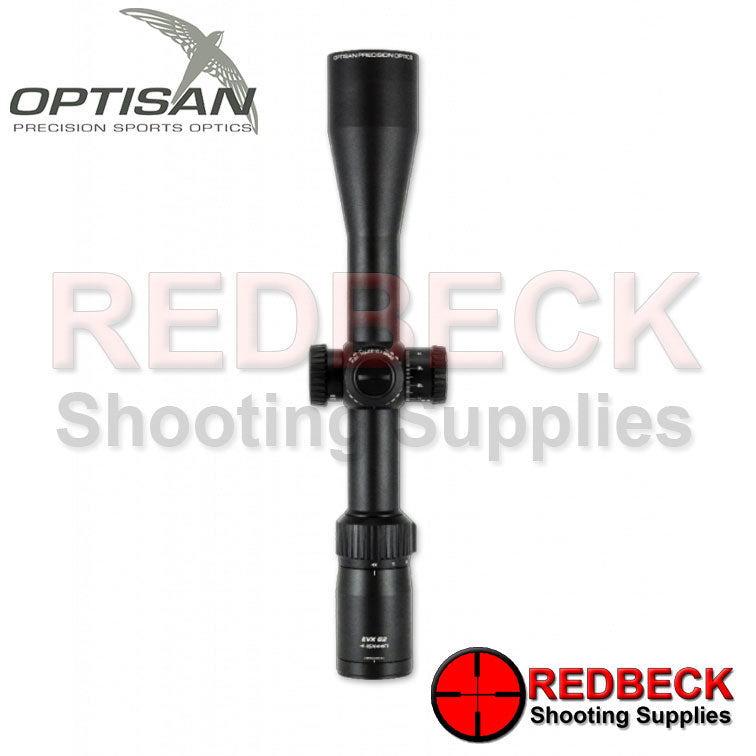 Optisan EVX G2 4-16x44 F1 FFP Non Illuminated MRAD Top View Showing The Magnification Wheel And The Focus Wheel.