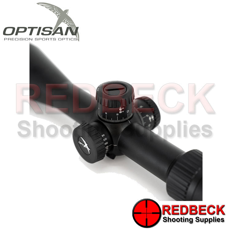 Optisan EVX G2 6-24x50 F1 FFP Non Illuminated F1 MOA Close Up View Showing The Turrets And The Focus Turrets on The Side.