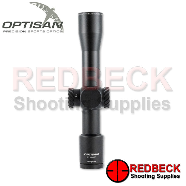 Optisan CP Compact 10x32 SFP MIL MH10 Rifle Scope Top View Showing The Turrets.