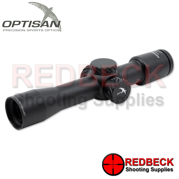 Optisan CP Compact 10x32 SFP MIL MH10 Rifle Scope Front View Showing A Glimpse Of The 32mm Lens.