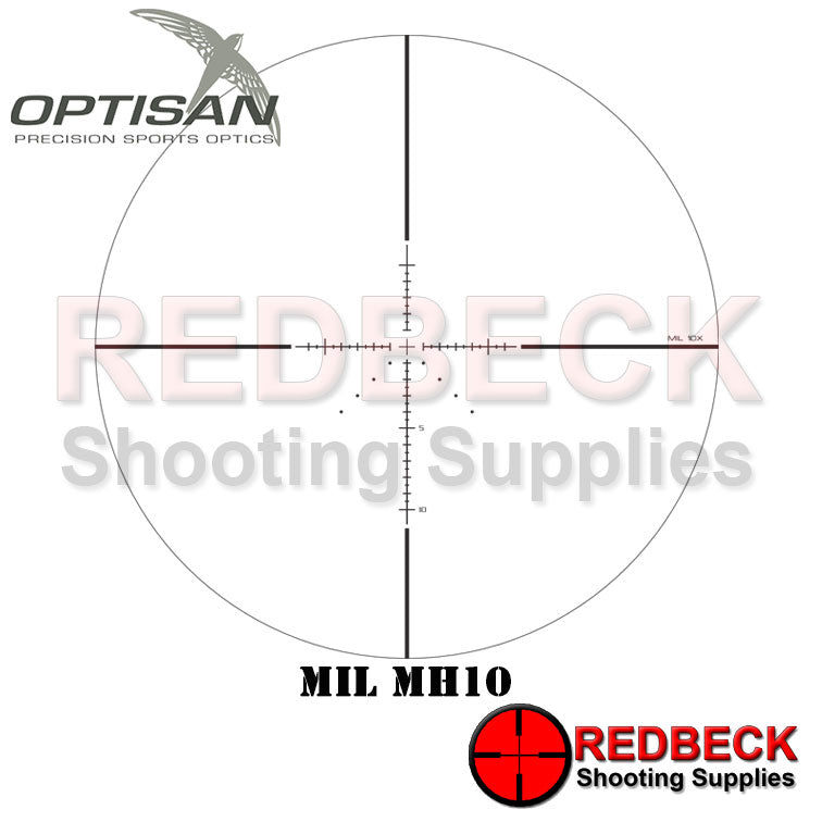 Optisan MIL MH10 Rifle Scope Reticle Showing The Mil Dots And The Overall Look Of The Reticle.