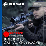 PULSAR C50 NIGHT VISION SCOPE SHOWN ON A RIFLE IN THE FIELD. SCOPE COMES WITH IR AND WIFI.