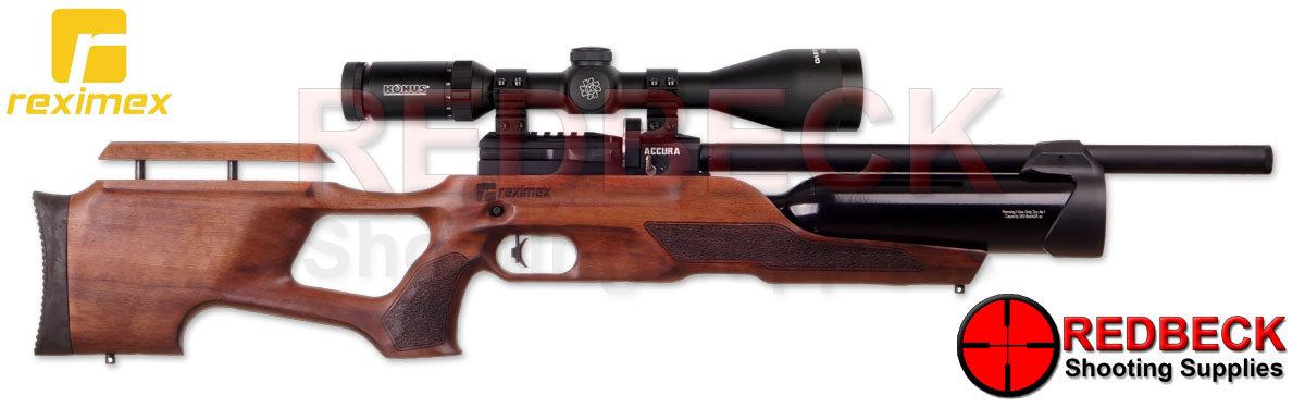 Reximex Accura Walnut Right Hand View Showing the reximex logo and the adjustable cheek piece