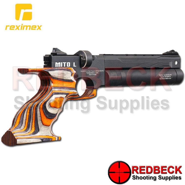 Reximex Mito Orange Laminate Angled Rear View showing the magazine and the open iron sights