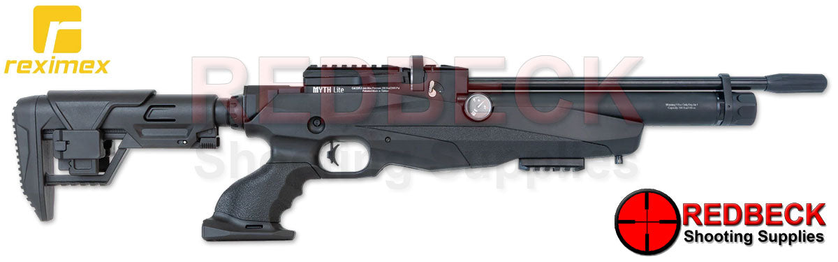 Reximex Myth Lite Synthetic Right Hand View Showing the the AR stock and the 130cc cylinder.