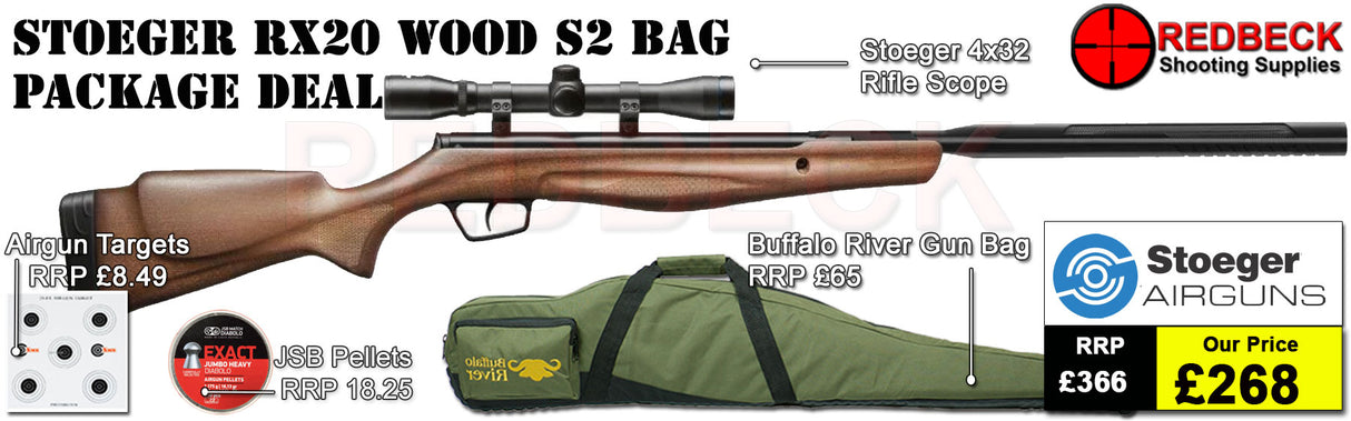 Stoeger rx20 s2 air rifle bag package deal with Supplied with 2 piece match grade mounts, a 4x32 scope, Buffalo River Gun Bag, Targets, and Pellets