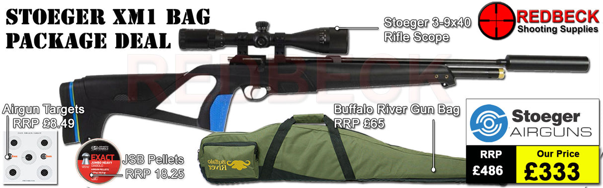 This XM1 Airgun Package deal comes with a Stoeger XM1 air rifle
3-9x40 scope
Mounts
Silencer
Rifle Bag
Pellets
Targets