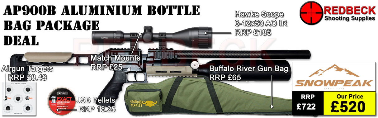 Snowpeak AP900B Aluminium Bottle Bag Package Deal Showing the included 3-12x50 Hawke Fastmount scope, the buffalo river bag and the included tin of pellets.