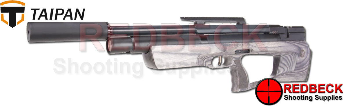 Taipan Veteran II Air rifle 550mm Grey Laminate angled front view showing the cylinder glass and fill probe port