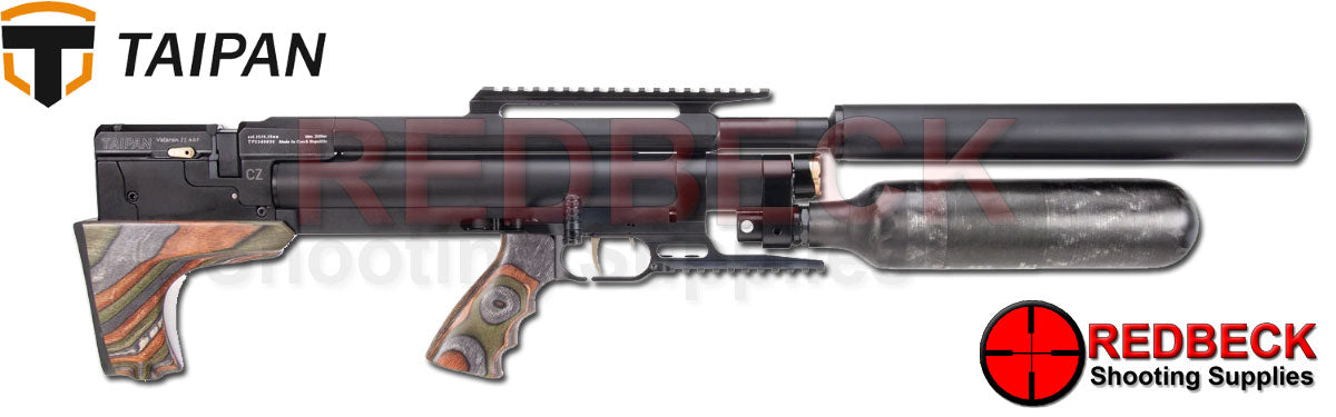 TAIPAN VETERAN II AIRRIFLE 550mm Tactical AR Laminate Forest Side View Showing the side lever and the weaver under rail and top rail