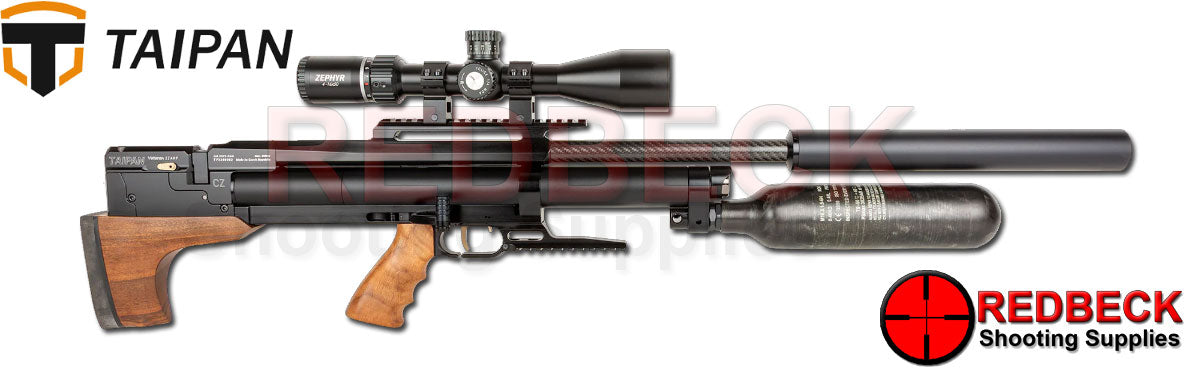 TAIPAN VETERAN II AIR RIFLE 700mm Tactical AR Walnut Side View Showing Side Lever And Walnut Stock.