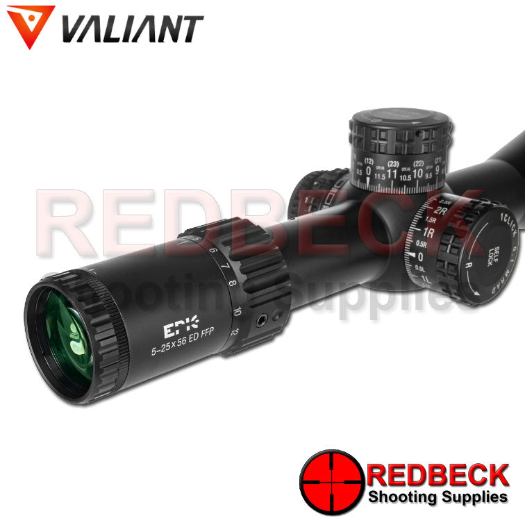 Valiant Optics Air Rifle and Rifle-Scope 5-25x56 Rear View Showing Rear Glass and Magnification Wheel.