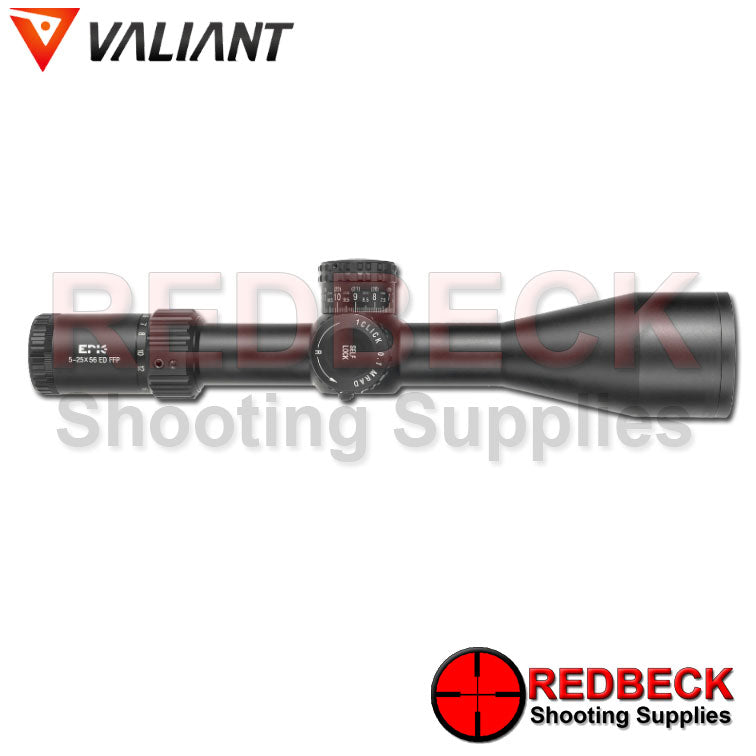 Valiant Optics Air Rifle and Rifle Scope 5-25x56 Side View Showing the Turret And Markings.