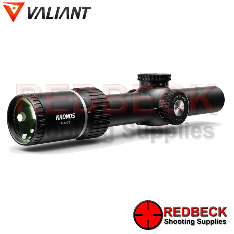Valiant Optics Air Rifle and Rifle Scope KRONOS 1-6X24 MIL TACTICAL MRAD Rear View Showing The Exposed Turrets And The Magnification Wheel.