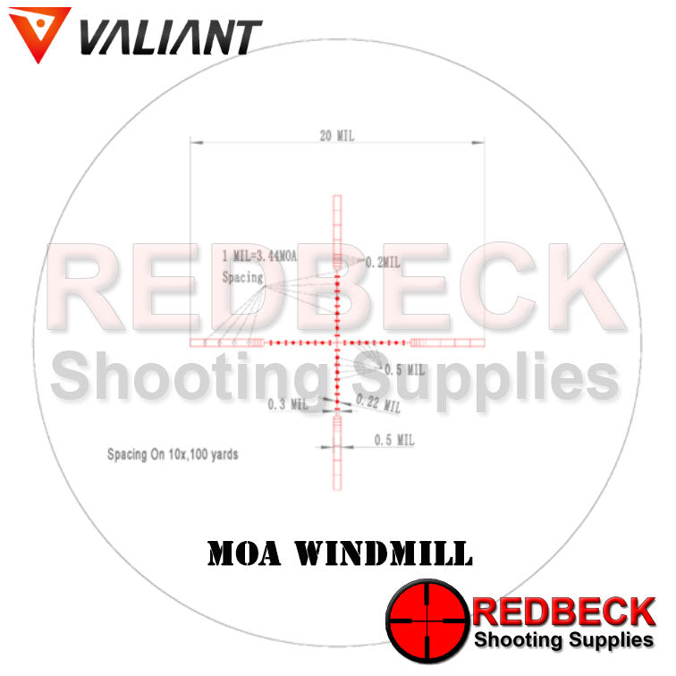 Valiant Optics Air Rifle and Rifle Scope MOA WINDMILL RETICLE Showing A Detailed At The Moa Windmill Reticle.