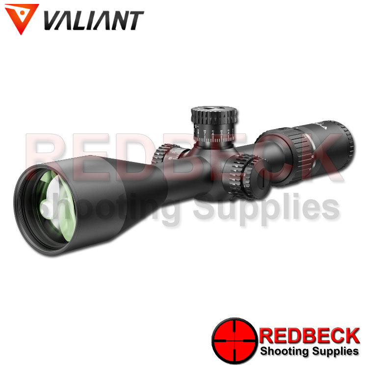 Valiant Optics Air Rifle and Rifle Scope Zephyr 4-16x50 Front View Showing The Front Lens And The Exposed Turrets.