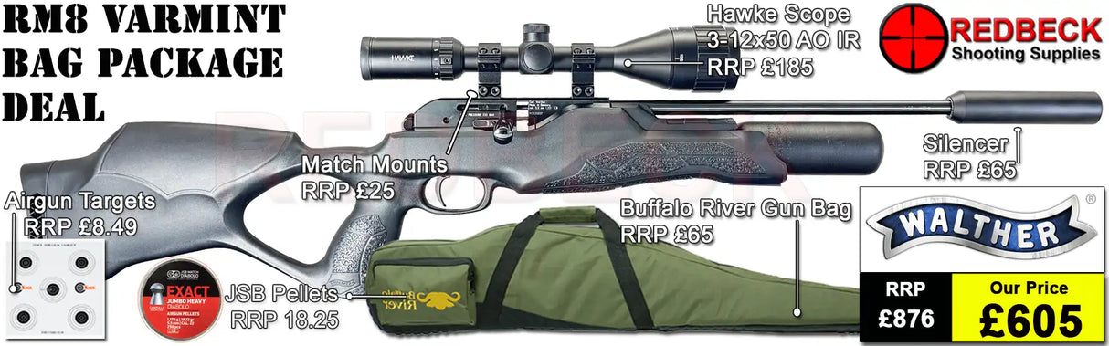 Walther RM8 Varmint Air rifle bag package deal includes, RM8 Varmint airgun, Hawke 3-12x50 AO IR Scope, Match Mounts Silencer, Bag, Pellets and Targets.