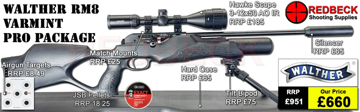 Walther Varmint RM8 Air rifle pro package deal come with the air rifle, hawke 3-12x50 AO IR Scope, match mounts, silencer, weaver bipod, hardcase, pellets and targets.
