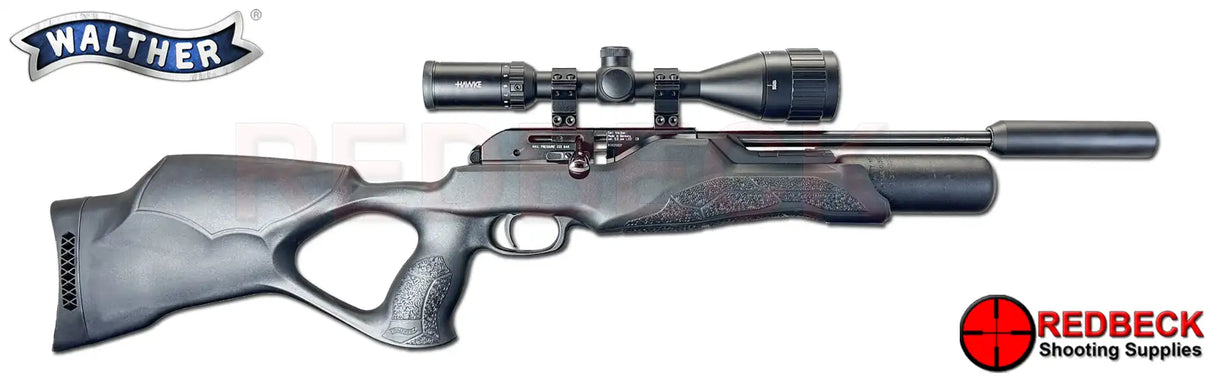 Walther RM8 UC Ultra Compact Carbine Air rifle. This short compact airgun has a black tactical thumbhole stock and comes with a silencer.