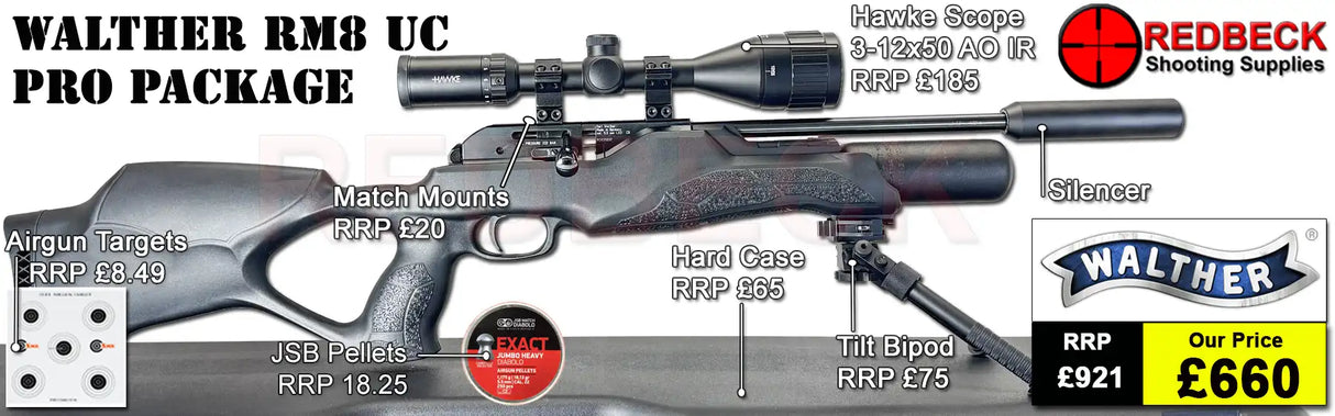 Walther RM8 UC Ultra Compact Pro Package Deal includes Walther RM8 Ultra Compact air rifle, hawke 3-12x50 ao ir scopes, match mounts, weaver bipod, silencer hardcase, pellets and targets.