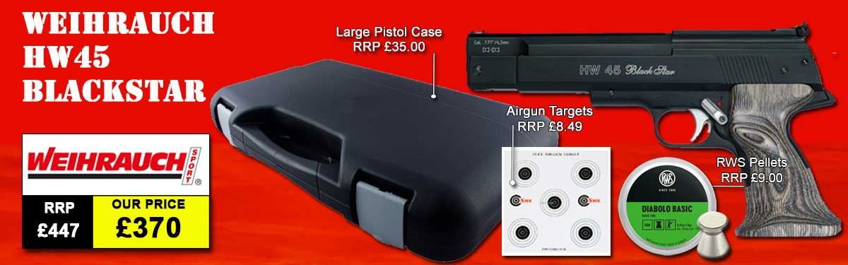 WEIHRAUCH HW45 BLACK STAR AIR PISTOL PACKAGE DEAL COMES WITH PELLETS TARGETS HARDCASE AND THE HW 45 BLACK STAR PISTOL