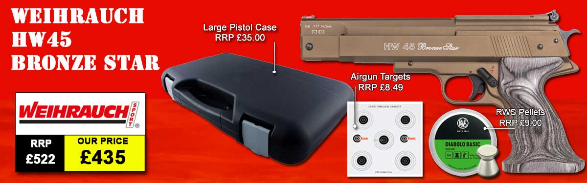 WEIHRAUCH HW45 BRONZE STAR AIR PISTOL PACKAGE DEAL INCLUDES HW45 BRONZE STAR PISTOL HARDCASE, PELLETS AND TARGETS.