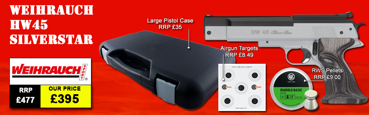 WEIHRAUCH HW45 SILVER STAR AIR PISTOL PACKAGE DEAL COMES WITH PELLETS TARGETS HARDCASE AND THE HW 45 SILVER STAR PISTOL