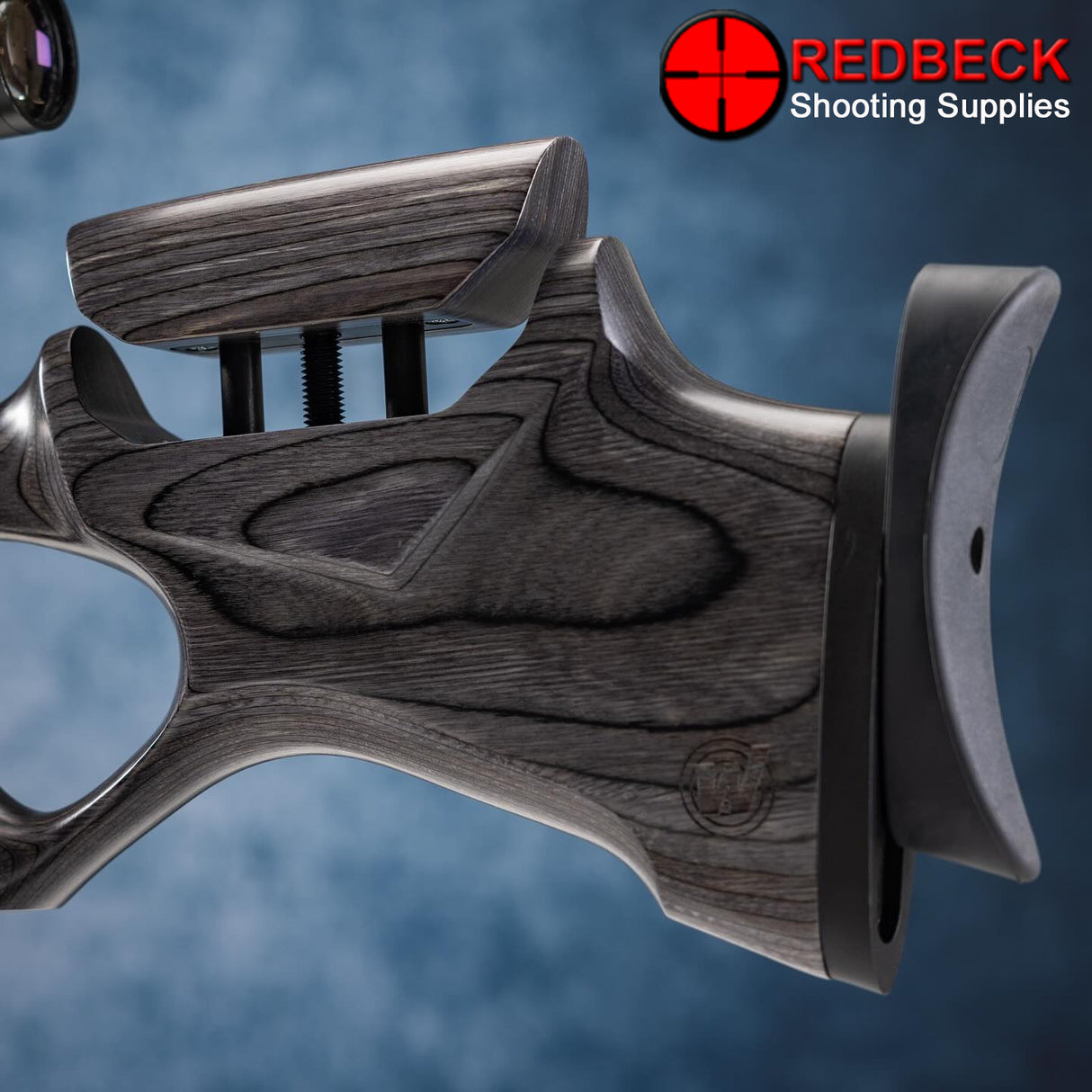 The Weihrauch HW110 laminate air rifle shown a close up view of the adjustable stock and butt plate.