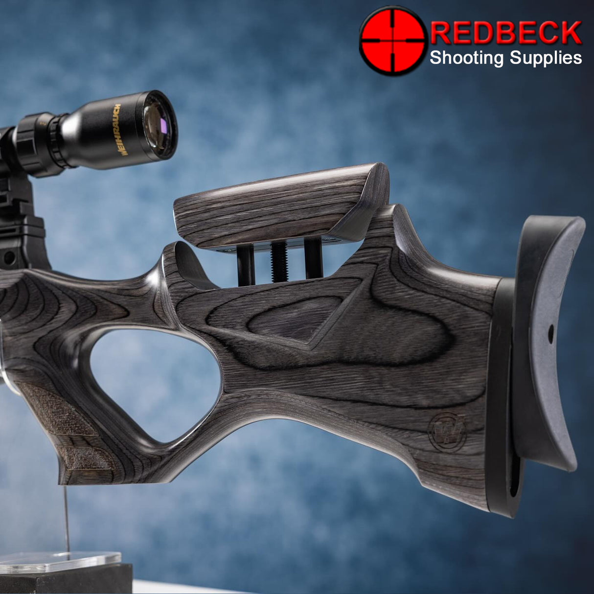 Weihrauch HW 110 laminate air rifle a close up view of the adjustable stock and butt plate from the left hand side.