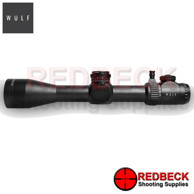 WULF Defender 2.8-18x50 Rifle Scope Side View showing the wulf logo and the magnification wheels