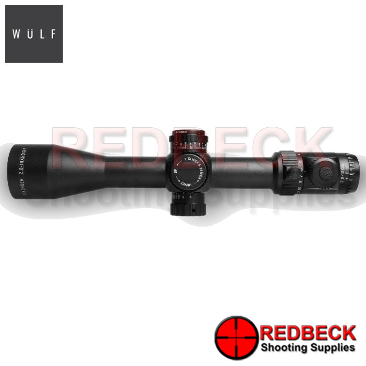 WULF Defender 2.8-18x50 Rifle Scope Top View showing the turrets.