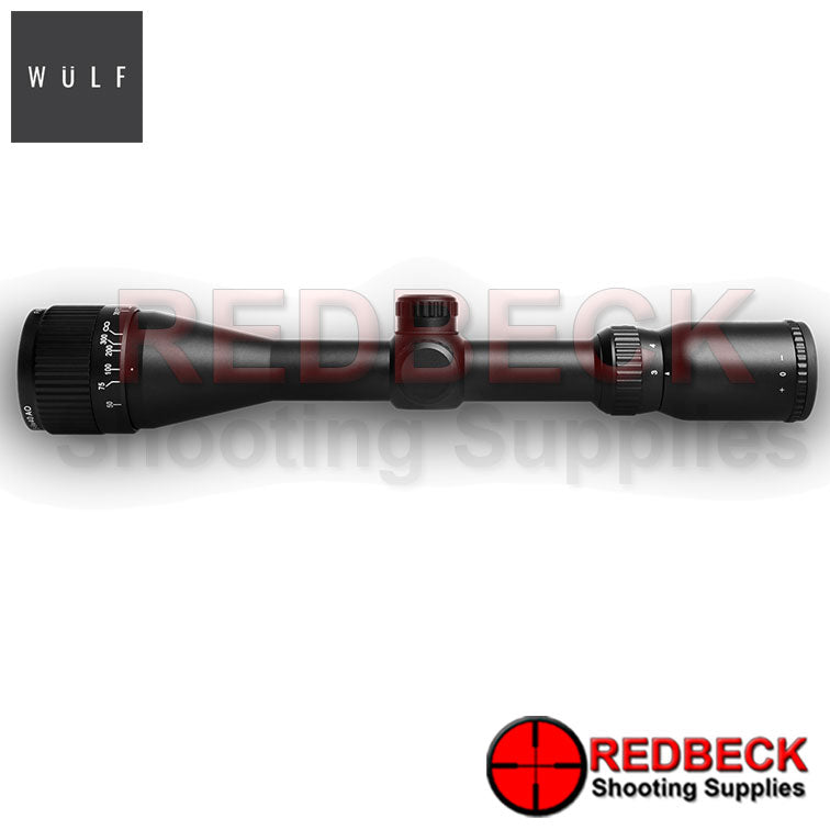 WULF Fireball 3-9x40 Rifle Scope Top View showing the turrets and the magnification wheel.