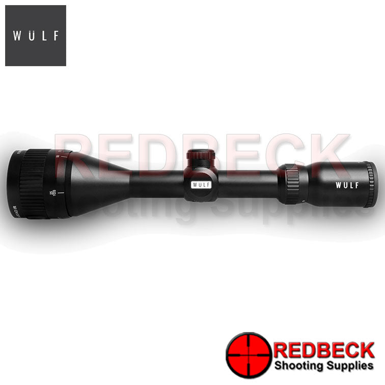 WULF Fireball 3-9x50 Rifle Scope Side View showing the wulf logo.