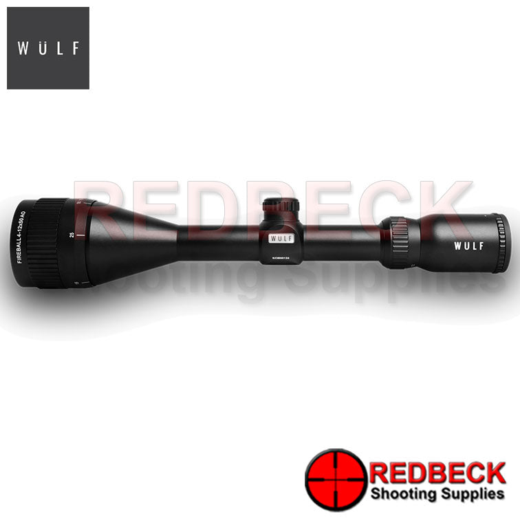 WULF Fireball 4-12x50 Rifle Scope Side View showing the wulf logo.