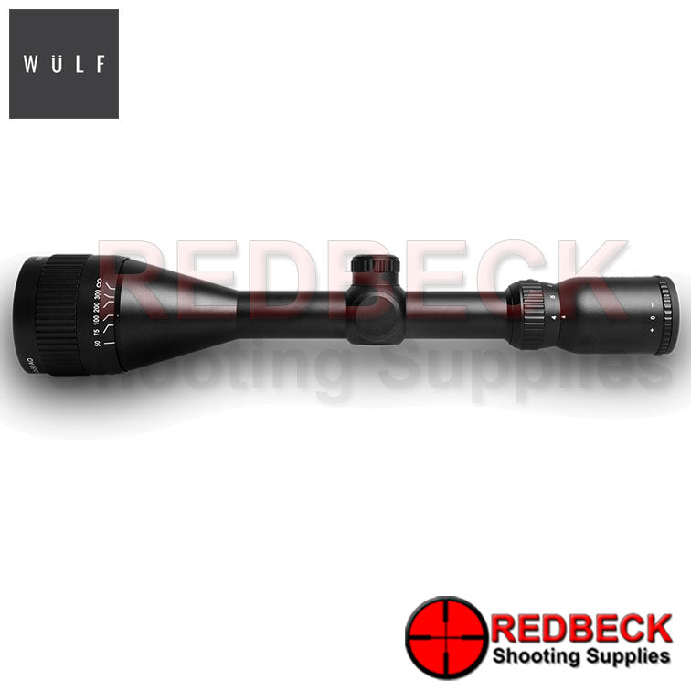 WULF Fireball 4-12x50 Rifle Scope Top View showing the magnification wheel and the turrets.