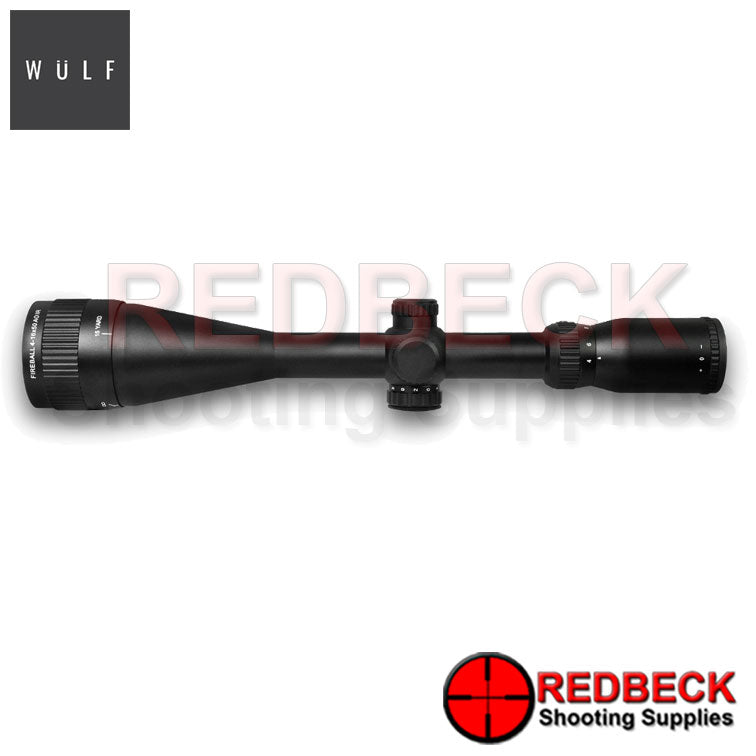 WULF Fireball LR 4-16x50 Rifle Scope Top View showing the turrets and the magnification wheel.