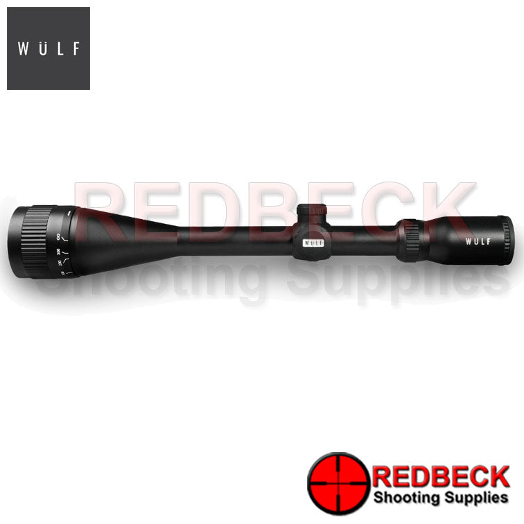 WULF Fireball LR 6-24x50 Rifle Scope Side View showing the wulf logo and the front parallax wheel.