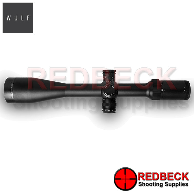 WULF Hurricane 6.5-25x50 Rifle Scope Top View showing the magnification wheel and the turrets.