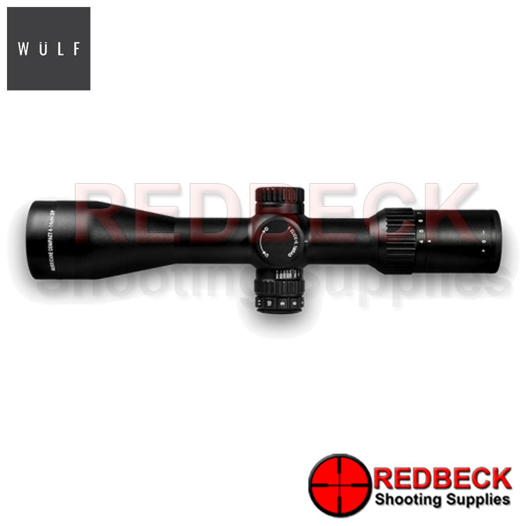WULF Hurricane Compact 4-14x44 Rifle Scope Top View showing the turrets and the side focus.