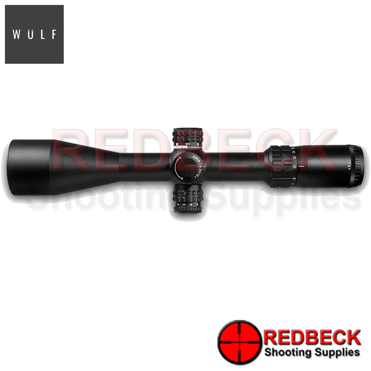 WULF Lightning 30E 4-16x50 Rifle Scope Top View showing the magnification wheel and the turrets.