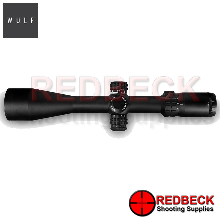 WULF Lightning 30E 6-24x50 Rifle Scope Top View showing the turrets and the magnification wheel.