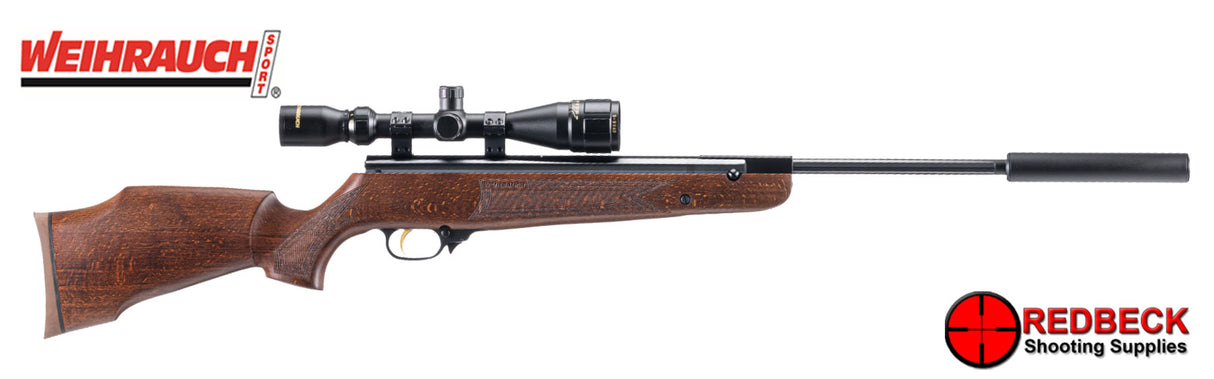 Weihrauch HW 90 K With Silencer Right Side View Showing the gold trigger and the included silencer.